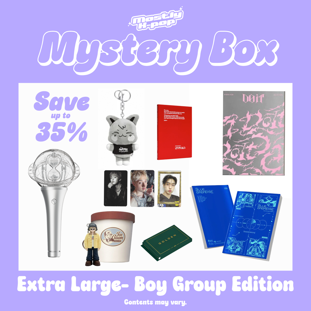 K-pop boy group mystery box front cover with “Mystery Box” and “Boy Group Edition” text