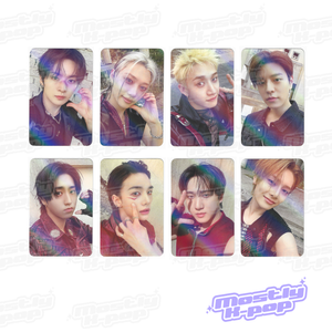 Set of eight round-corner photo cards featuring different members, colorful iridescent prints