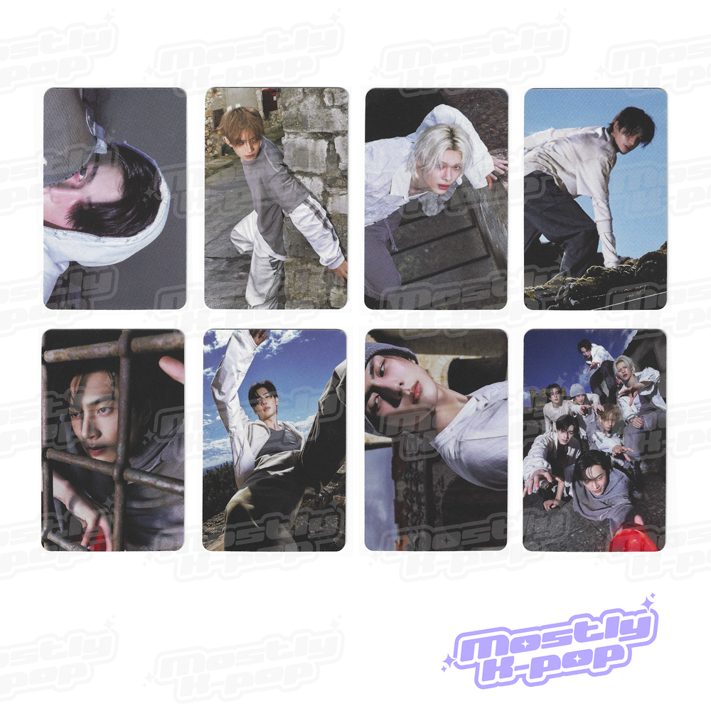 Album preorder photo card set with three graphic designs in black, beige, and blue.