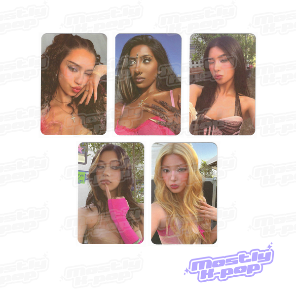 Set of six collectible member-version photocards with different women’s portrait photos