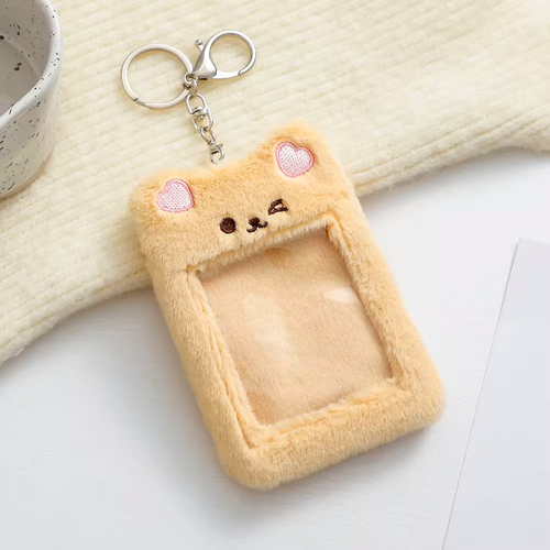 Plush cat photocard holder keychain, beige with heart patches and metal keyring
