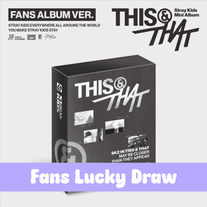 Stray Kids mini album box, black with THIS&THAT graphic and FANS ALBUM VER. text