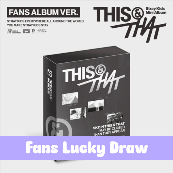 Stray Kids mini album box, black with THIS&THAT graphic and FANS ALBUM VER. text