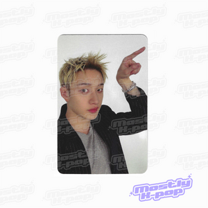 Photo card with a member portrait and spiky blond hair in a dark jacket