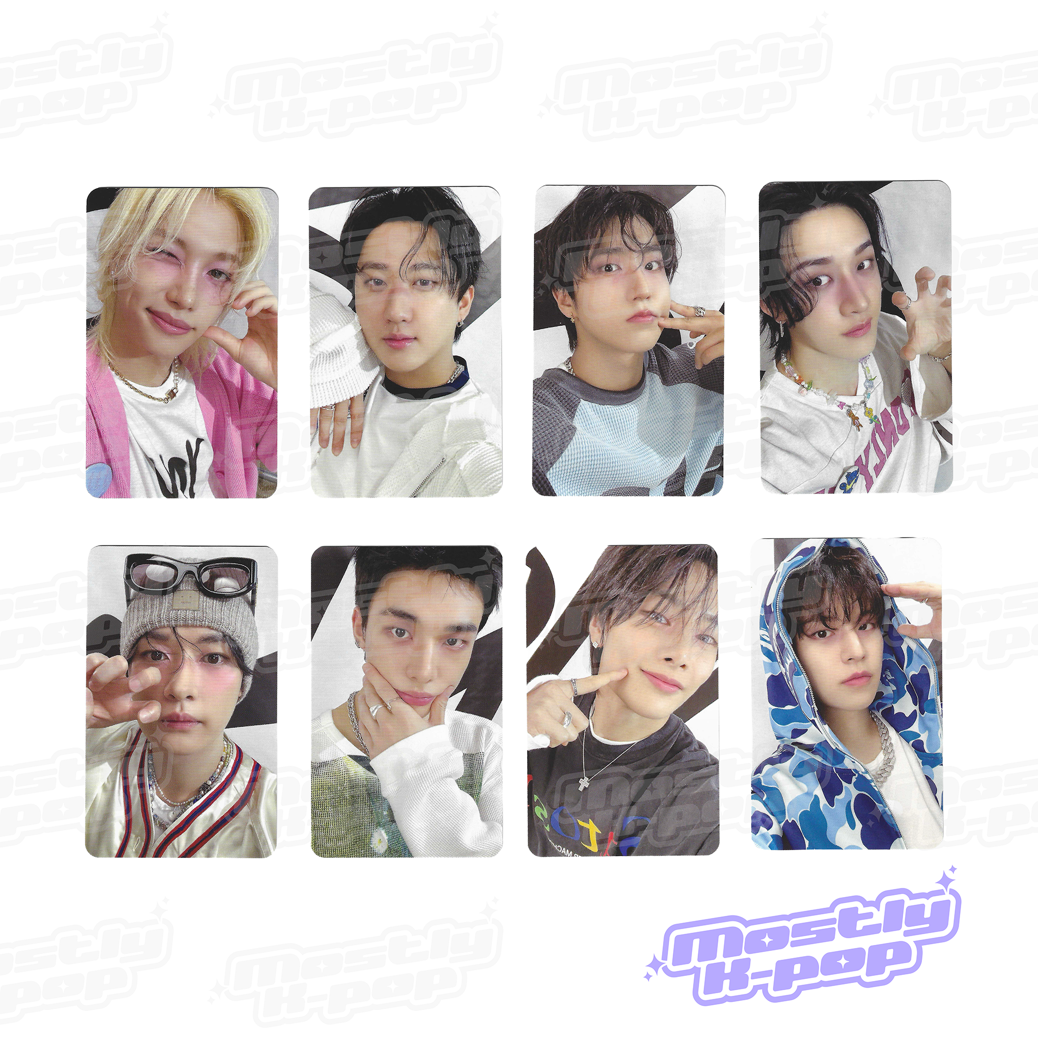 Stray Kids DominATE Celebrate Plush Preorder Benefit Photocards with 'Mostly K-pop' branding.