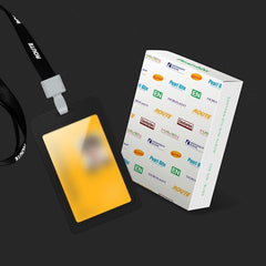 Black ID card holder with yellow card insert and white card pack