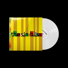 Vinyl record in yellow sleeve with colorful vertical stripes and clear disc