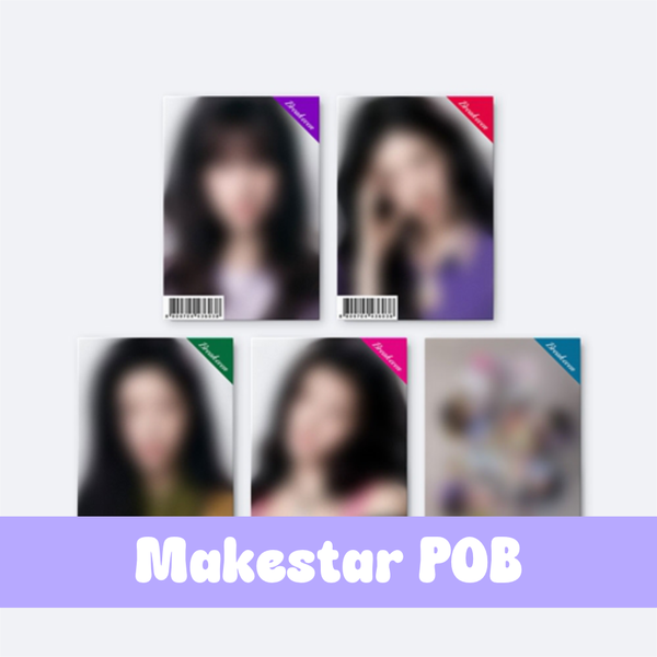 Set of five photocard-style cards with colored corner flags and blurred portraits