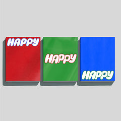 Happy album cover set with red, green, and blue cases, each marked 'HAPPY'.