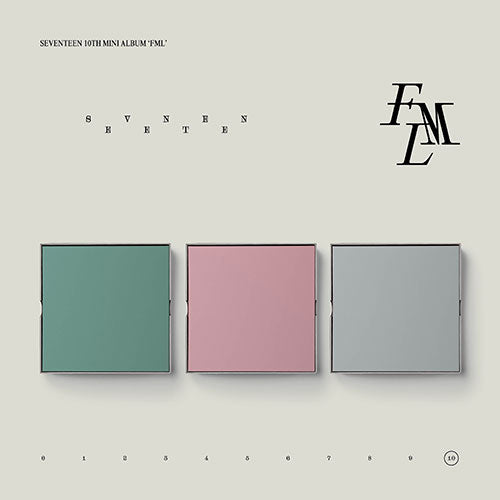 Three mini album cover squares in green, pink, and gray