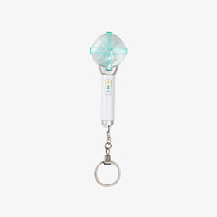 TXT official light stick keyring with white handle, teal fan top, metal chain and ring
